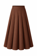 Brown Pleated A-Line Midi Skirt