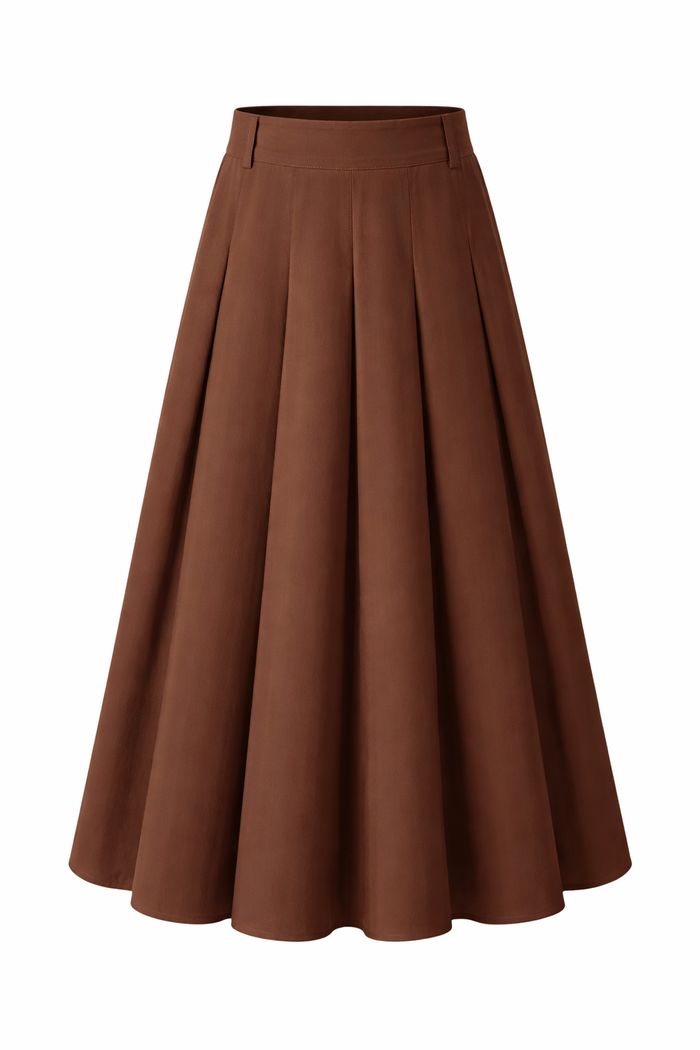 Brown Pleated A-Line Midi Skirt