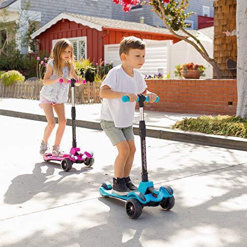 6KU Kids Kick Scooter with Adjustable Height, Lean to Steer, Flashing Wheels for Children 3-8 Years Old Blue