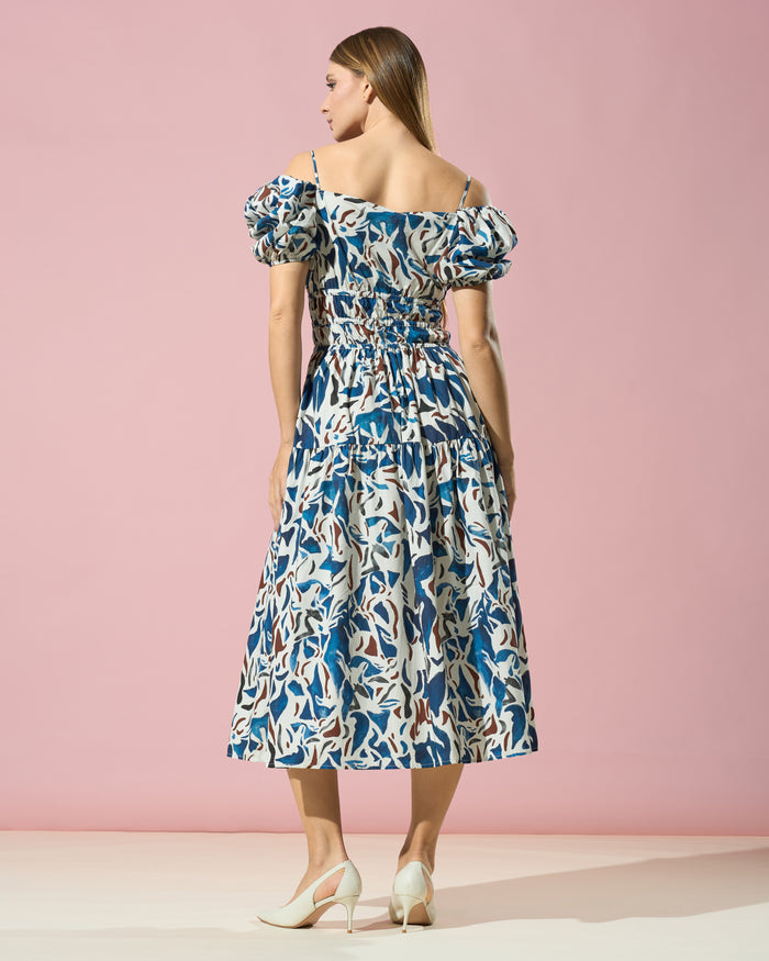Abstract Puff-Sleeve Midi Dress