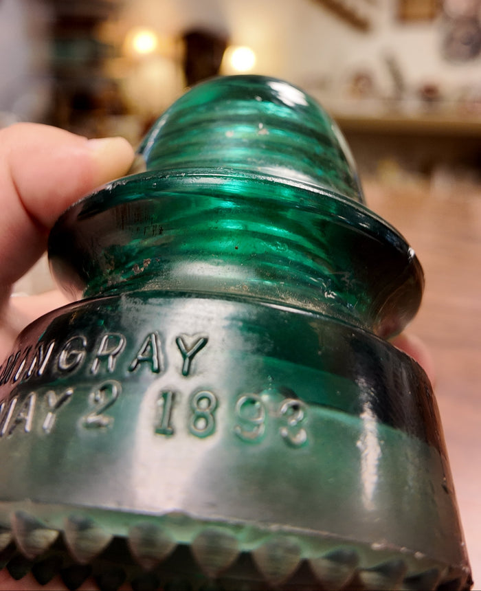 Antique Hemingray No 19 Glass Insulator Dark Green Emerald Patent May 2 1893, CD 162 Telegraph Telephone Electric Pole Glass, Industrial Decor Paperweight
