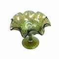 Antique Imperial Glass Helios Green Scroll Embossed Carnival Glass Ruffled Compote 1910s