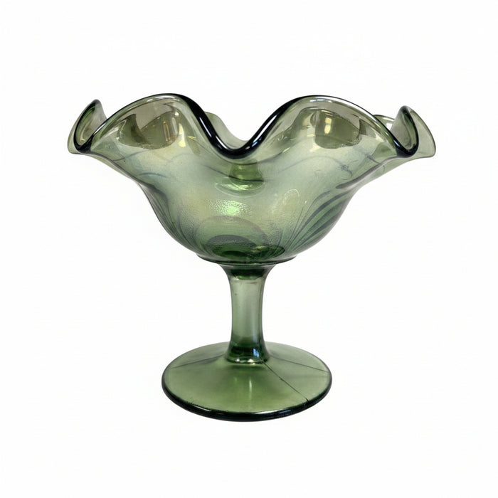 Antique Imperial Glass Helios Green Scroll Embossed Carnival Glass Ruffled Compote 1910s