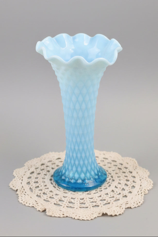 Antique Northwood Blue Opalescent Diamond Point Swung Glass Vase EAPG 10" 1906