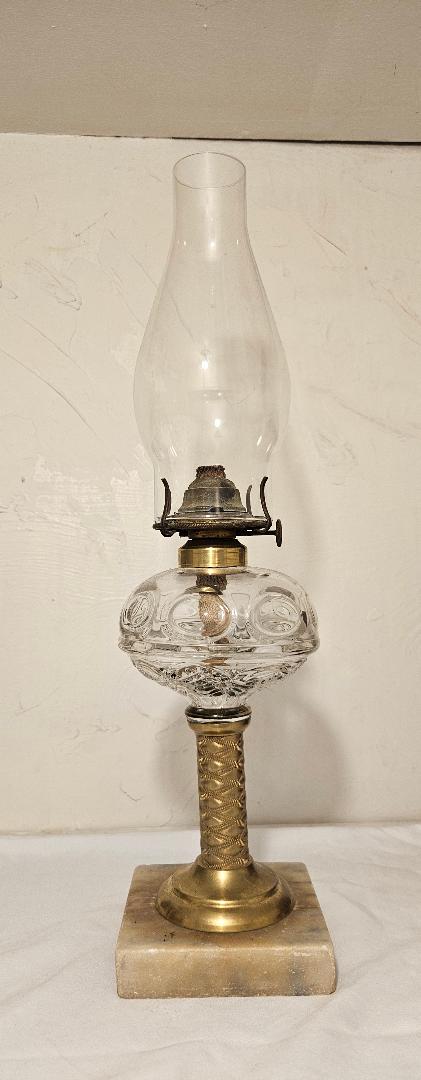 Antique Oil Lamp 1865 Ring Punty Sawtooth Marble Base Brass Stem