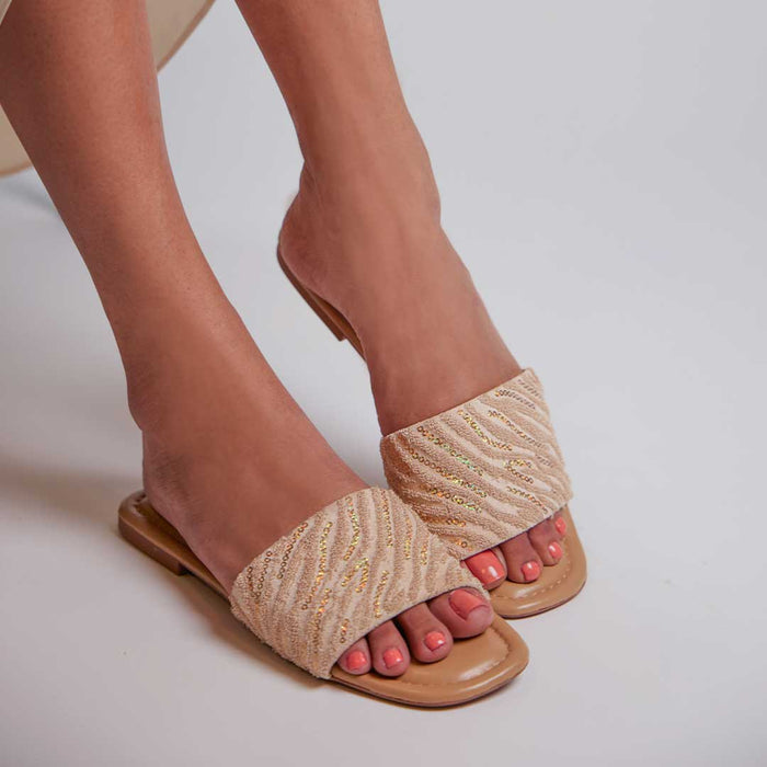 Beige Thread Sequin Flat
