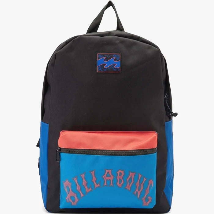 Billabong All Day Active backpack in black with blue and coral accents, featuring a front zipper pocket and iconic branding.