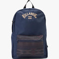 Navy blue Billabong All Day Active backpack featuring a gold logo and a patterned front zippered pocket.