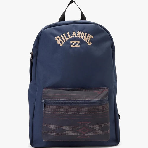 Navy blue Billabong All Day Active backpack featuring a gold logo and a patterned front zippered pocket.