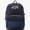 Navy heather Billabong All Day Plus Backpack with front zippered pockets and a brown base, shown standing upright.