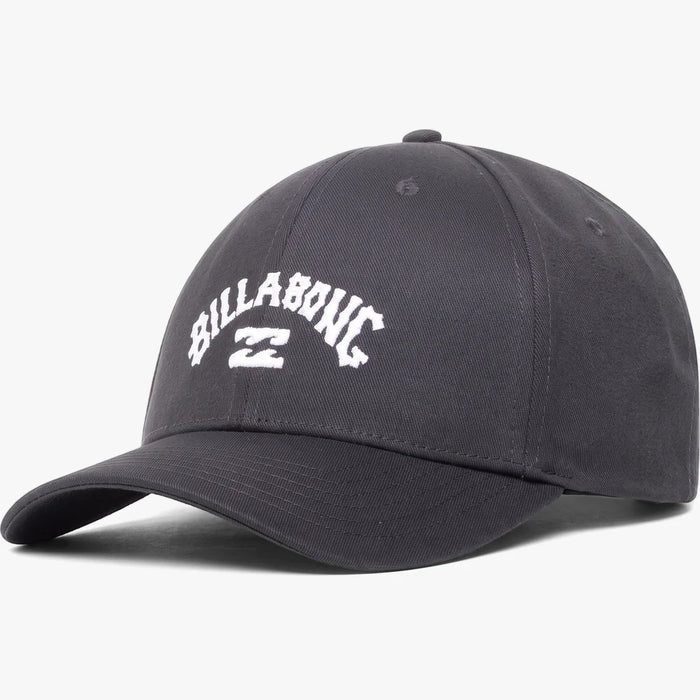 Dark grey Billabong Mens Arch Snapback Cap with an embroidered white logo on the front, shown from a slightly elevated angle.