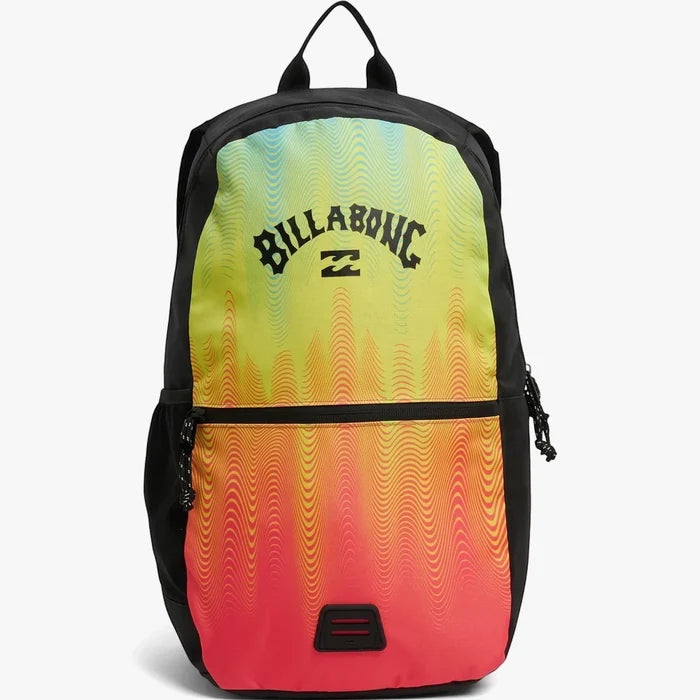 Billabong Norfolk Lite Backpack in neon red, orange, and yellow gradient with a wave pattern and black Billabong logo, seen