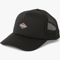 Black Billabong Podium Trucker Cap with a colorful diamond logo on the front panel, featuring mesh back panels and a curved