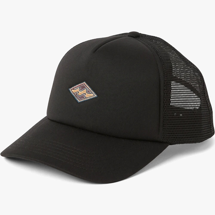Black Billabong Podium Trucker Cap with a colorful diamond logo on the front panel, featuring mesh back panels and a curved