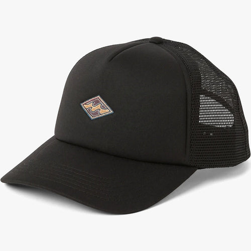 Black Billabong Podium Trucker Cap with a colorful diamond logo on the front panel, featuring mesh back panels and a curved