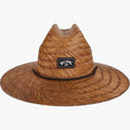 Billabong Tides men's brown straw sun hat with a wide brim and a black logo patch, shown from an eye-level view.
