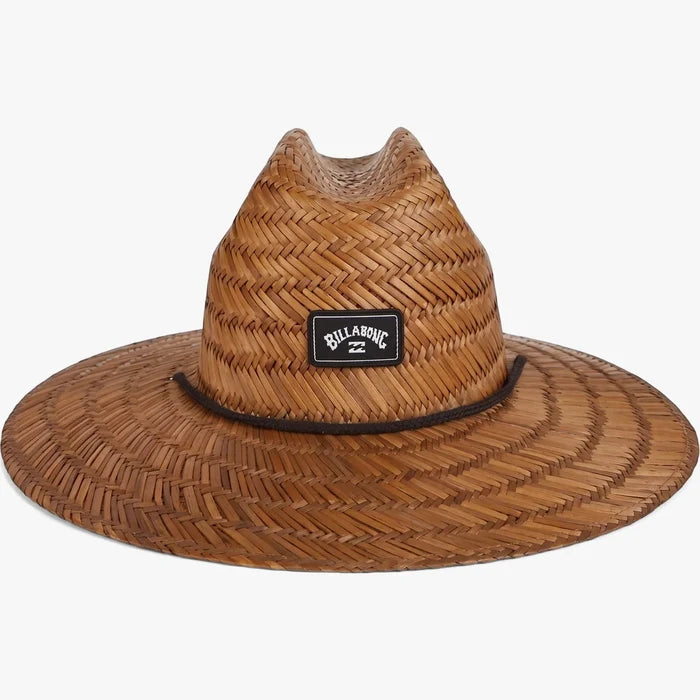 Billabong Tides men's brown straw sun hat with a wide brim and a black logo patch, shown from an eye-level view.