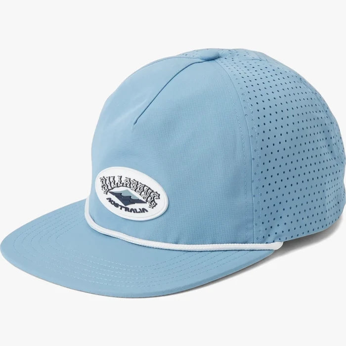 Light blue Billabong trucker cap with perforated mesh back, a flat brim, and a white oval logo patch on the front.
