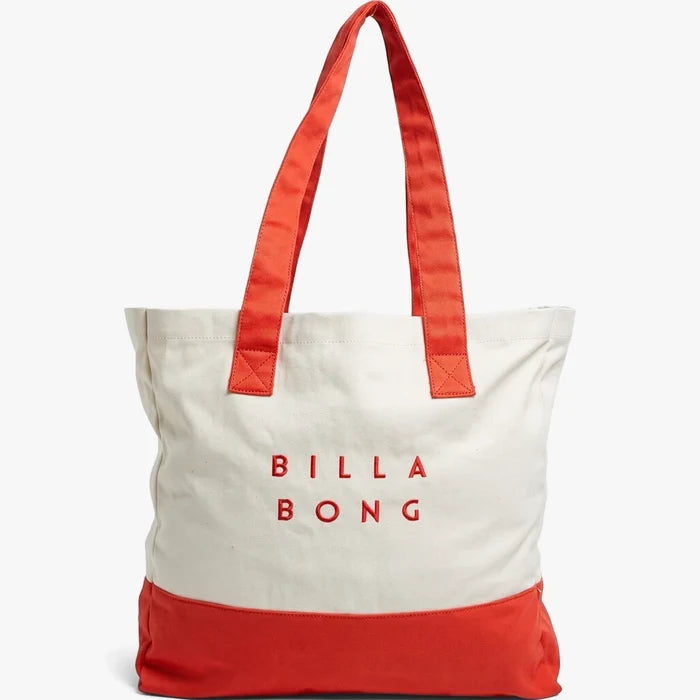 Billabong Vivid Beach Bag in fiery red and off-white canvas, featuring a prominent logo. A durable tote for beach and casual