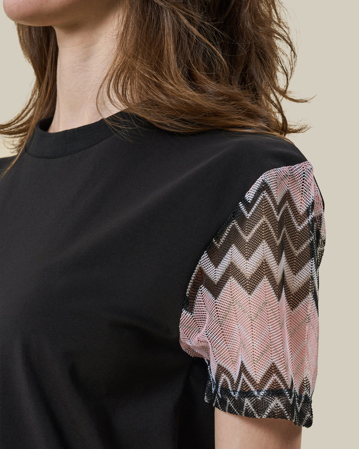Black Chevron Knit-Sleeve T-Shirt
