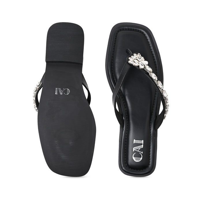 Black Embellished Thong Flat
