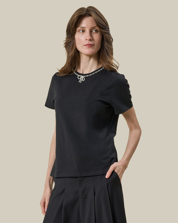 Black Pearl-Embellished Bow Neck T-Shirt