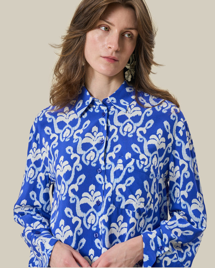 Blue Ikat Printed Silk Shirt & Trouser Set
