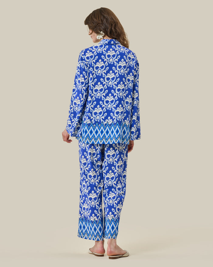 Blue Ikat Printed Silk Shirt & Trouser Set