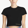 Boerboel Womens Crop Top Black, featuring gold '#DieBoerboelGevoel' text, modeled on a woman from the waist up.