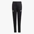 Adidas Boys Messi Track Pants in black, featuring light blue Messi and white Adidas logos, with three white stripes down the