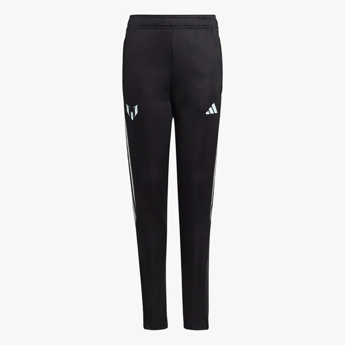Adidas Boys Messi Track Pants in black, featuring light blue Messi and white Adidas logos, with three white stripes down the