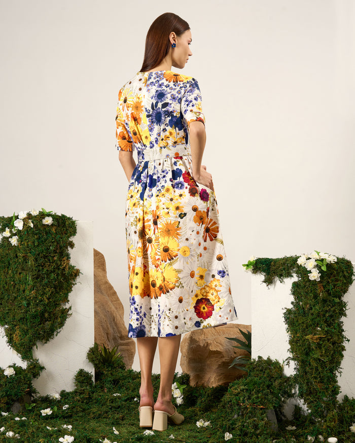 Bright Florals Belted Midi Dress