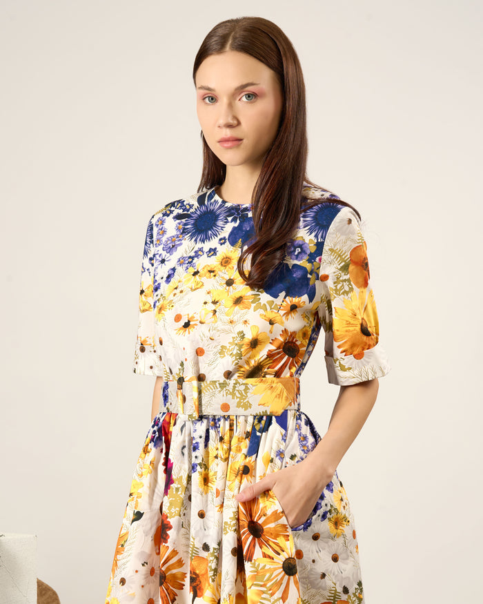 Bright Florals Belted Midi Dress