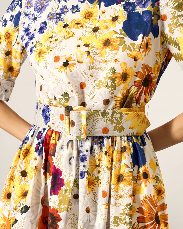 Bright Florals Belted Midi Dress