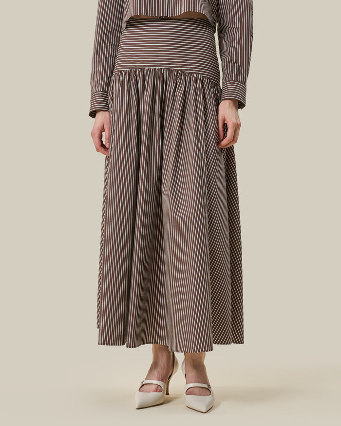 Brown Striped Drop-Yoke Maxi Skirt