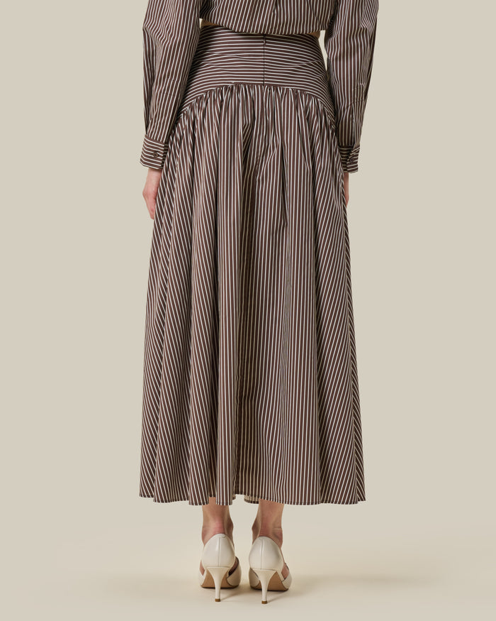 Brown Striped Drop-Yoke Maxi Skirt