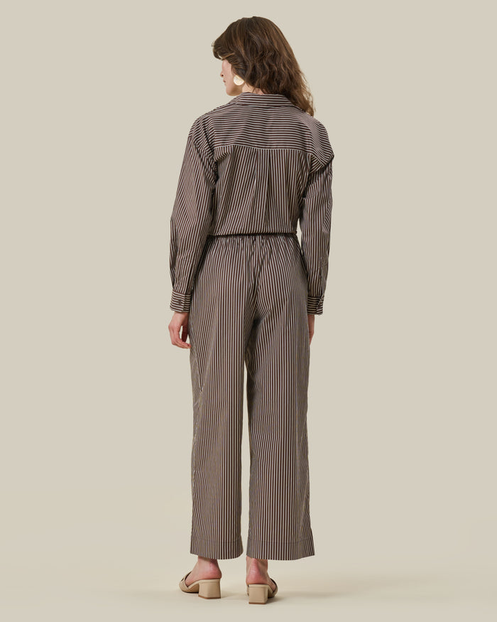 Brown Striped Elastic-Waist Trousers
