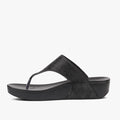 Black Butterfly Feet Womens Daya wedge sandal, featuring an embellished thong strap, displayed in a side profile view.