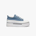 Blue and white Butterfly Womens Verge 1 platform sneaker, featuring a light blue denim upper, white laces, and a chunky
