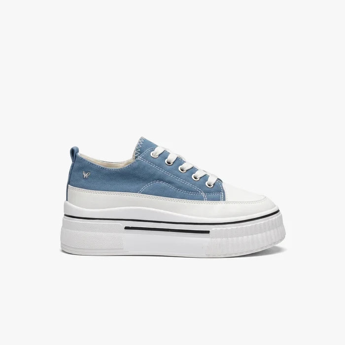 Blue and white Butterfly Womens Verge 1 platform sneaker, featuring a light blue denim upper, white laces, and a chunky