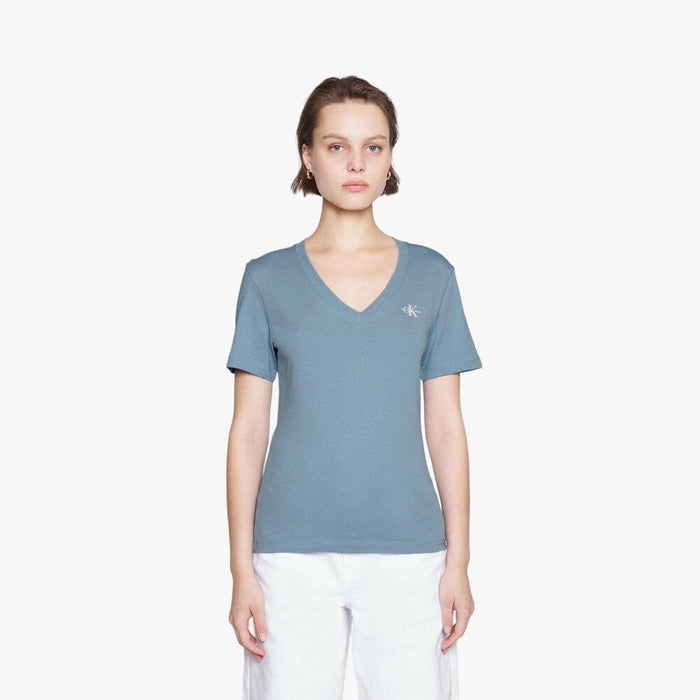 Calvin Klein Womens Micro Mono Logo Short Sleeve V Neck Tee Blue Calvin Klein