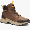 Men's brown leather Caterpillar Colorado waterproof boot with a rugged tan sole and yellow pull tabs, presented on a light