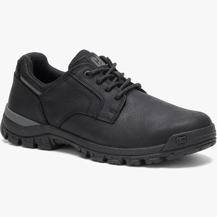 Caterpillar Mens Threshold Lace Up Low Shoe in black, featuring a rugged sole and durable construction, viewed from a side