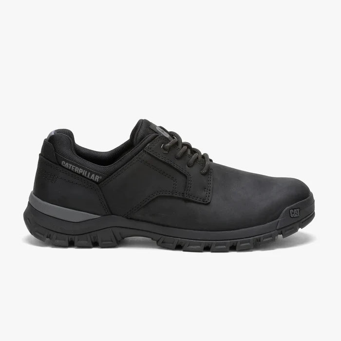 Black Caterpillar men's Threshold lace-up low shoe, featuring a durable design and textured sole, shown from the side.