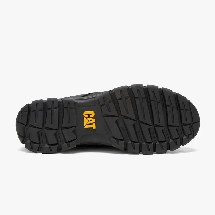Bottom view of a black Caterpillar Men's Threshold Lace Up Low Shoe, showcasing its durable, deep-tread rubber sole and