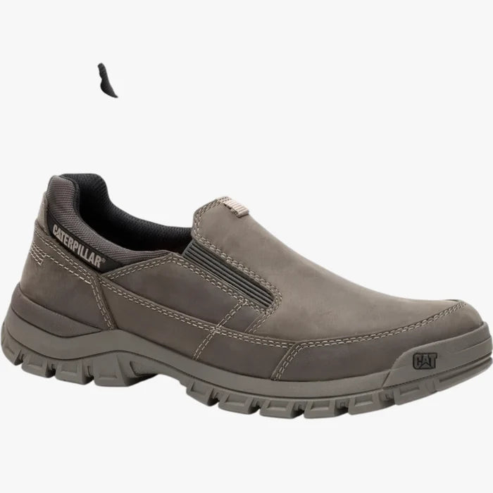 Caterpillar Mens Threshold Slip On Shoe Bungee Cord in grey leather, featuring visible stitching and a rugged outsole.