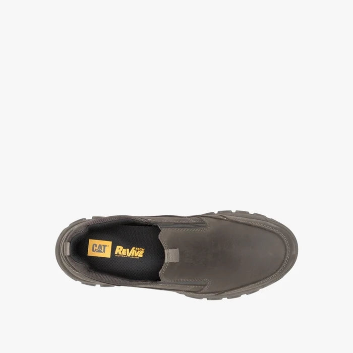 Caterpillar Mens Threshold Slip On Shoe Bungee Cord in dark grey, featuring a rugged leather upper and textured sole, viewed