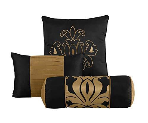 Chezmoi Collection 7-Piece Jacquard Floral Comforter Set Bed-in-a-Bag Set, Queen, Black Gold