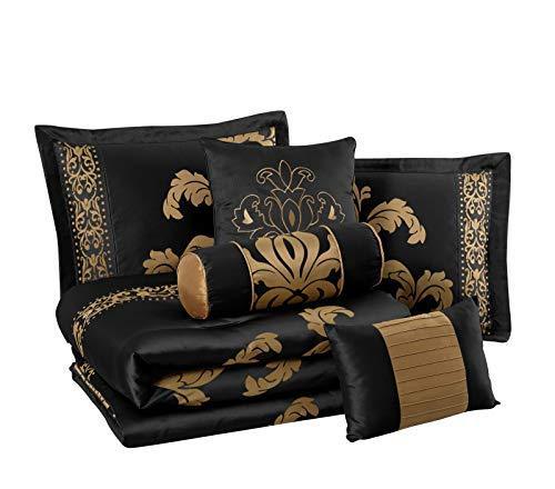 Chezmoi Collection 7-Piece Jacquard Floral Comforter Set Bed-in-a-Bag Set, Queen, Black Gold