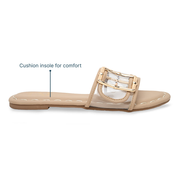 Clear Buckle Beige Flats
